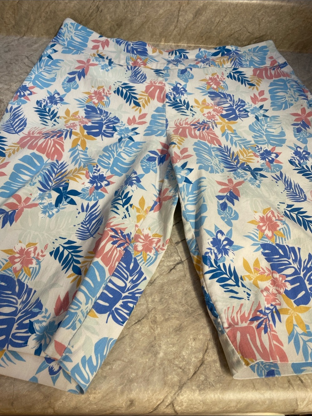 Counterparts Floral Leaf Bermuda Shorts — White with Blue, Pink & Yellow